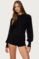 Maizy Puff Sleeve Scalloped Knit Cardigan
